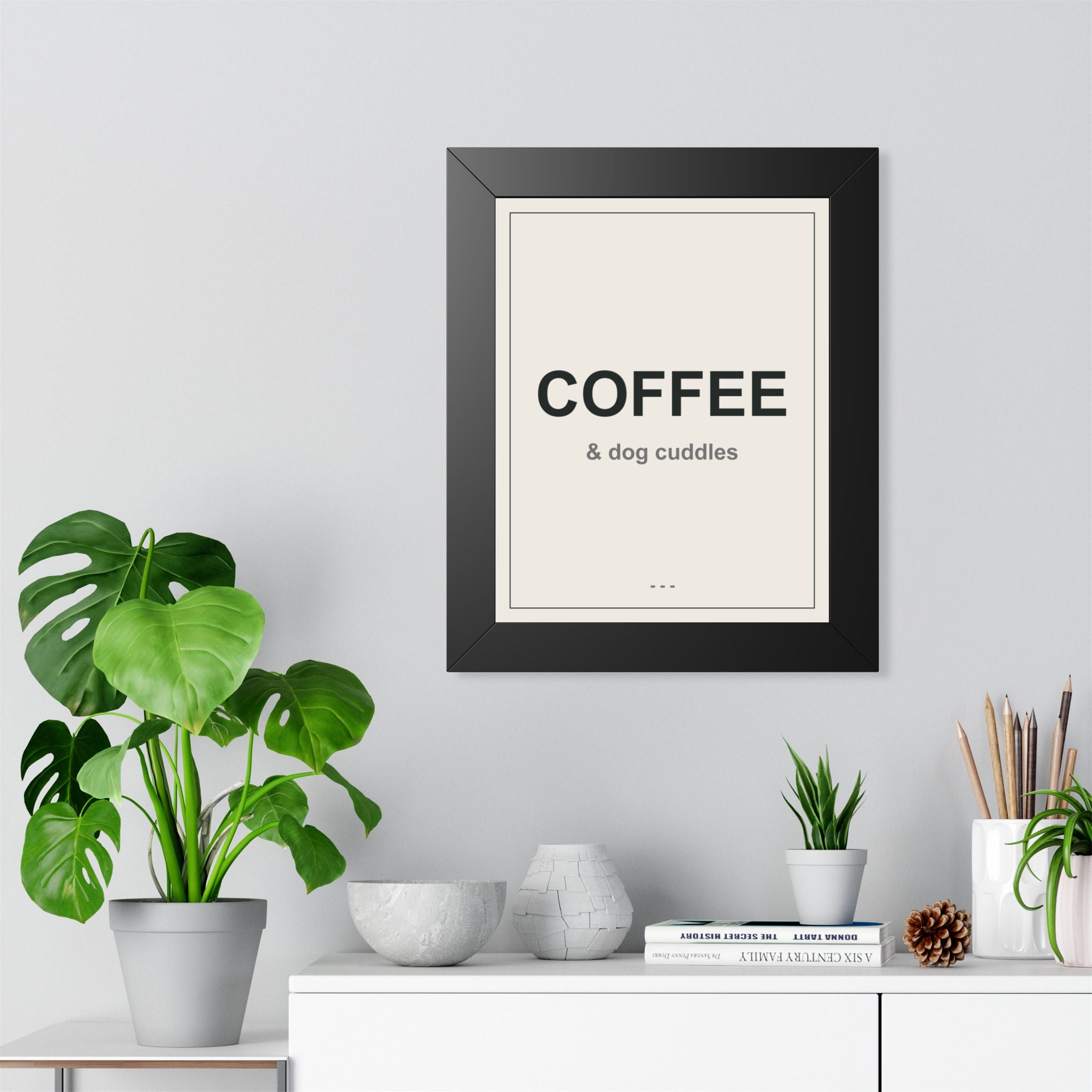 Coffee and Dog Cuddles Framed Vertical Poster - Premium Dog Lover Wall Art