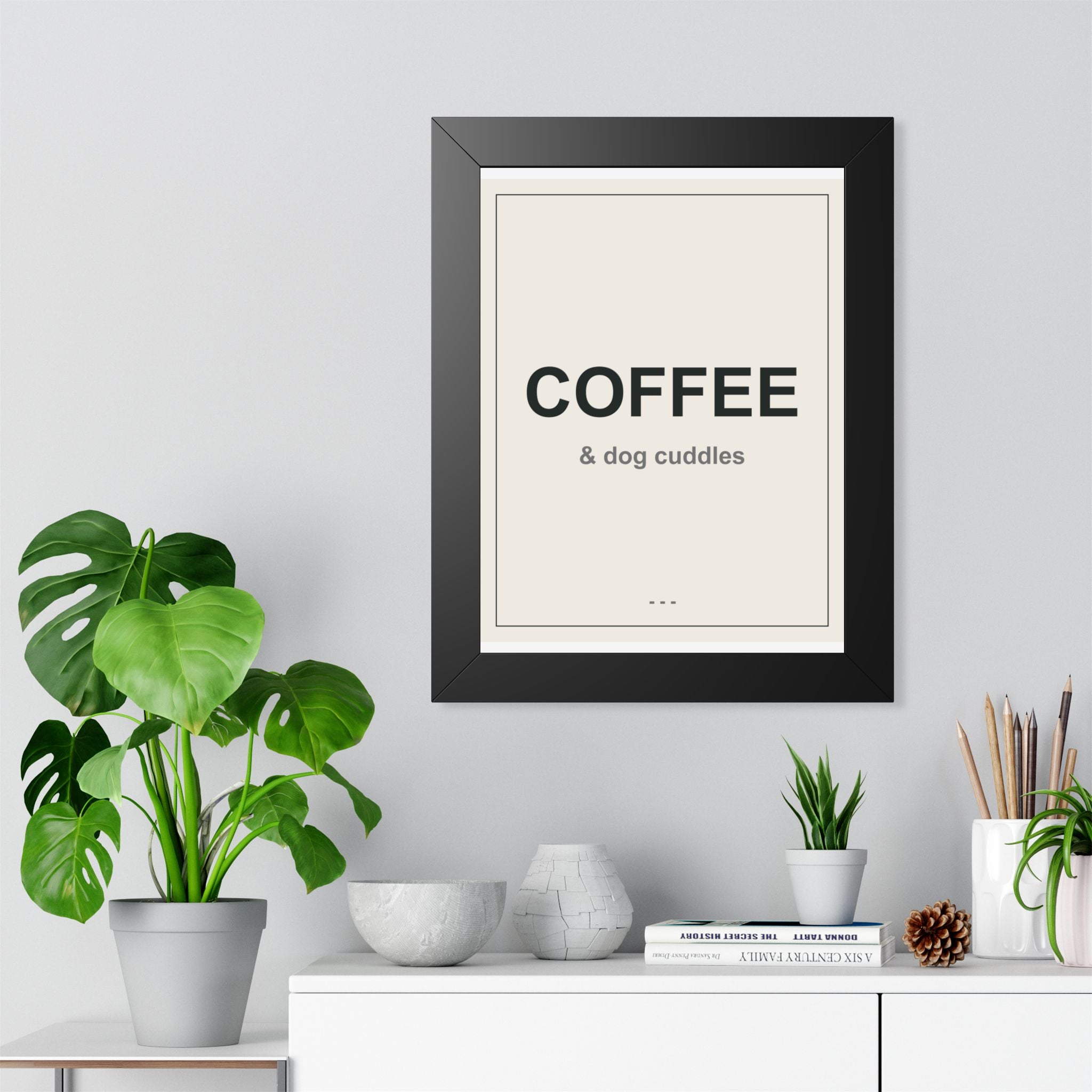 Coffee and Dog Cuddles Framed Vertical Poster - Premium Dog Lover Wall Art